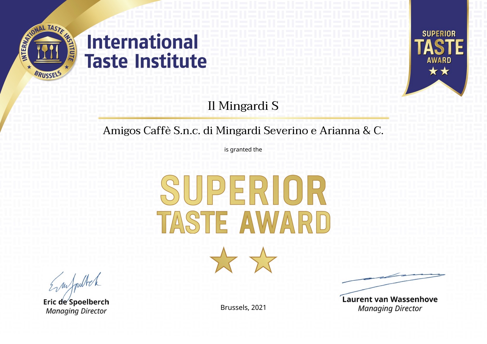 La torrefazione triestina Amigos Caffè premiata dall’International Taste Institute di Bruxelles per l’eccellenza delle sue miscele